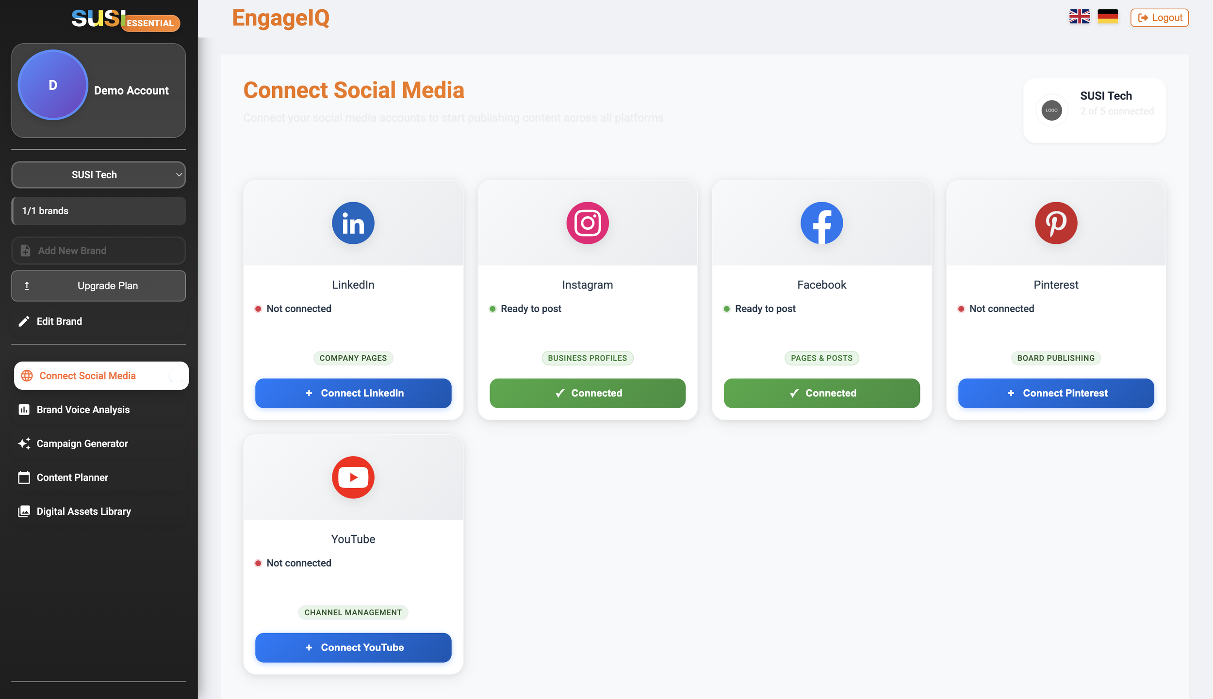 Unified social hub with connected accounts