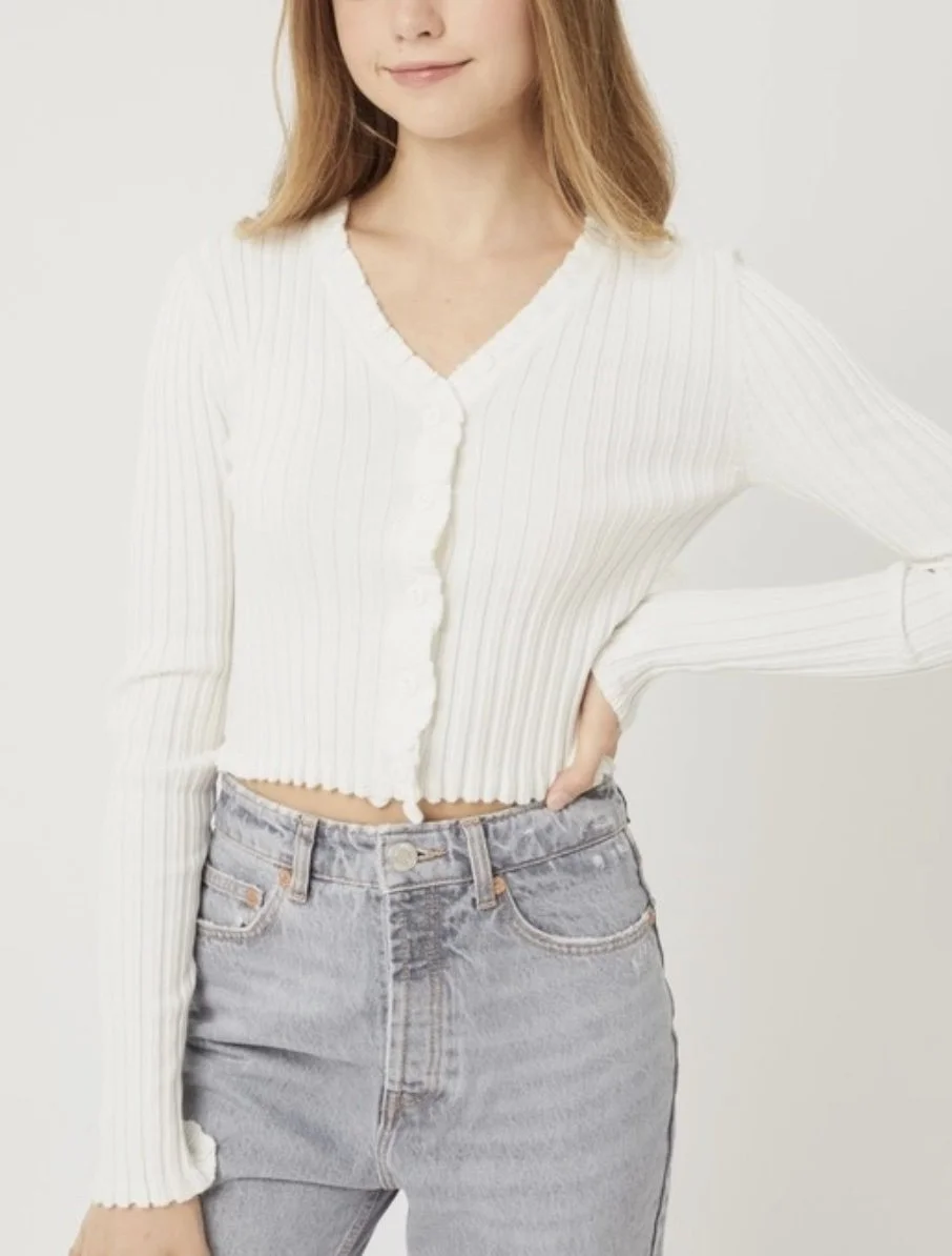 Ribbed Cardigan with Ruffle Edge-White 