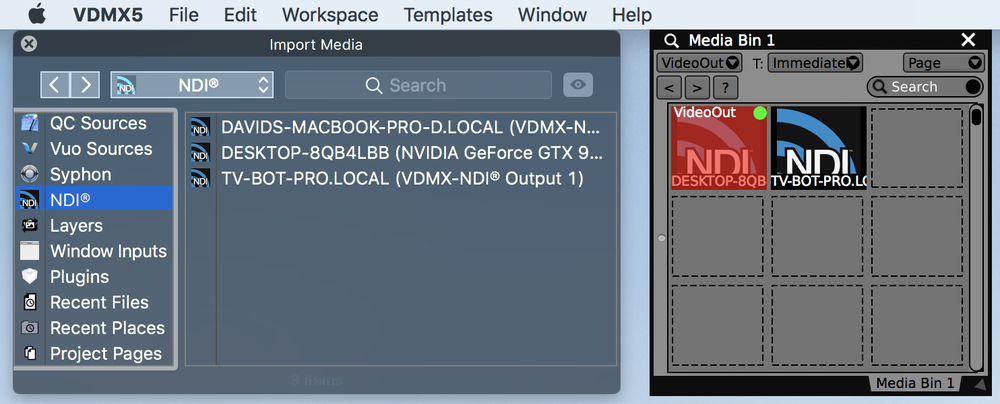 Adding NDI® Input to Media Bin from the browser panel.