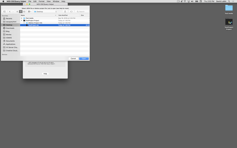 2. In MIDI OSCQuery Helper, use the “Open…” option from the File menu and select your .als file.
