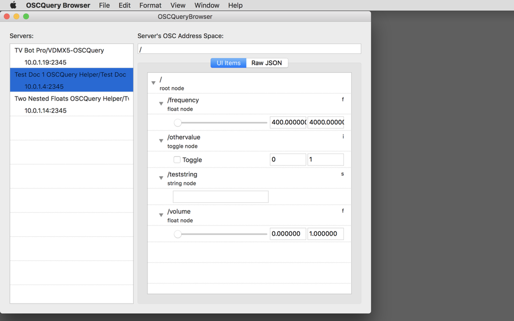 The free OSCQuery Browser app can be used to quick test and control remote setups published with OSCQuery.