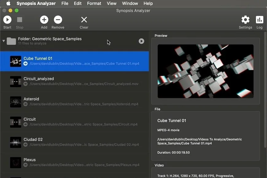 Select clips to preview and get basic file information.