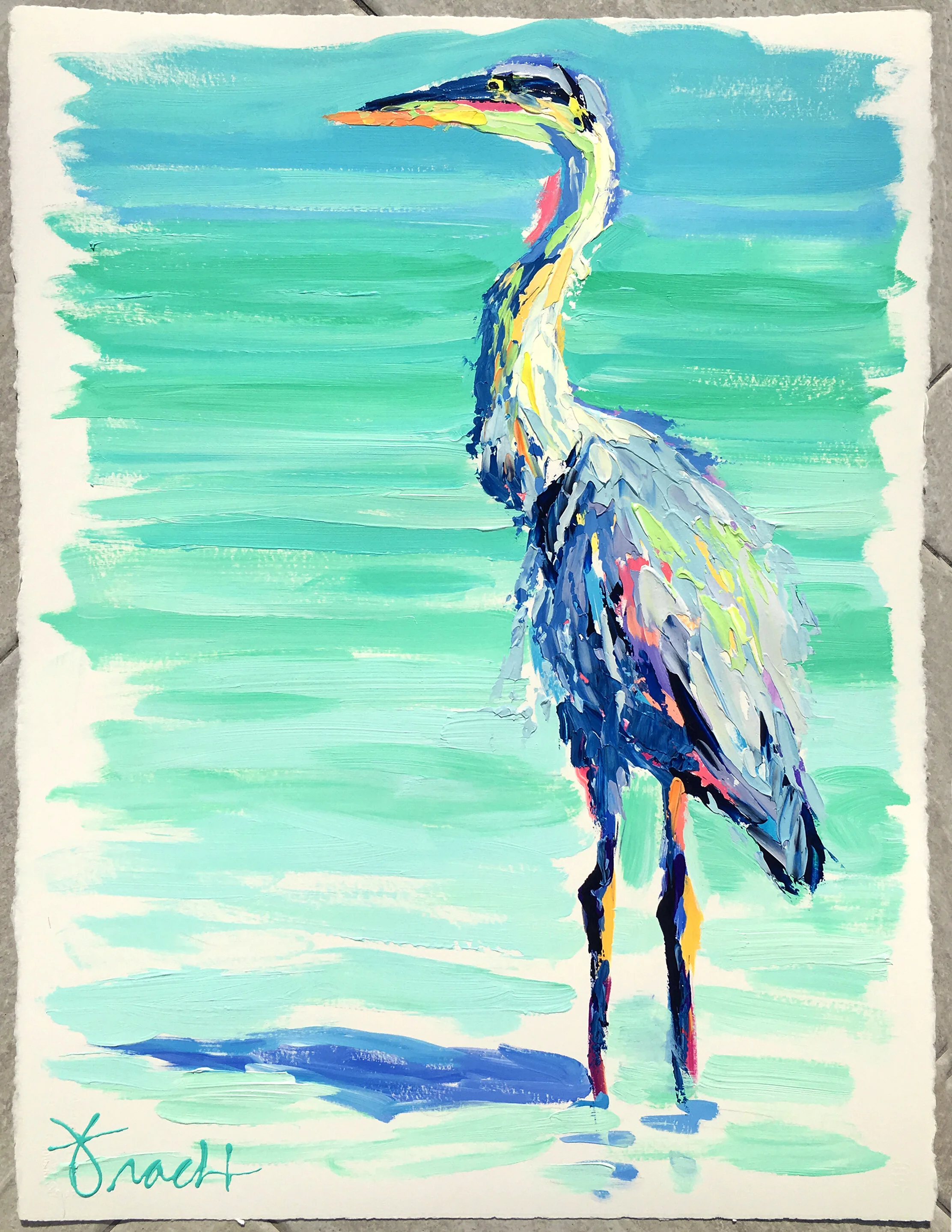 Great Blue Heron Shores 4 29x36 Original Acrylic On French Paper