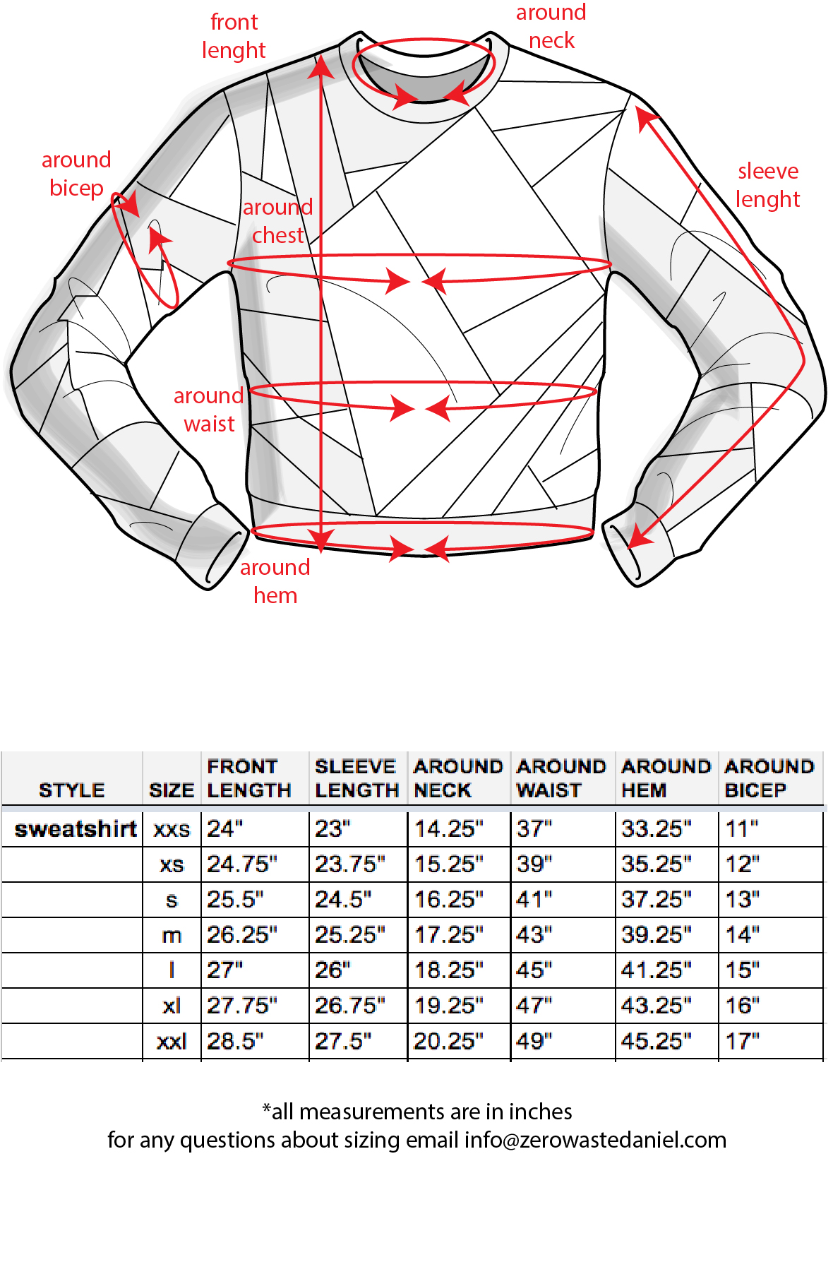 Planet Clothing Size Chart