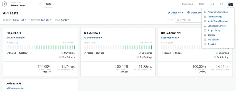 A screenshot of the logged in Runscope dashboard, showing a drop-down menu on the top-right with the Secrets option highlighted.