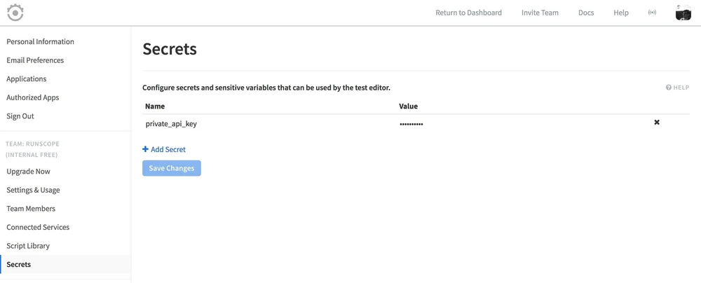 A screenshot of the Runscope Secrets menu, showing the interface to create a secret with one secrets variable added to the list with name "private_api_key", and an encrypted value of asterisks.