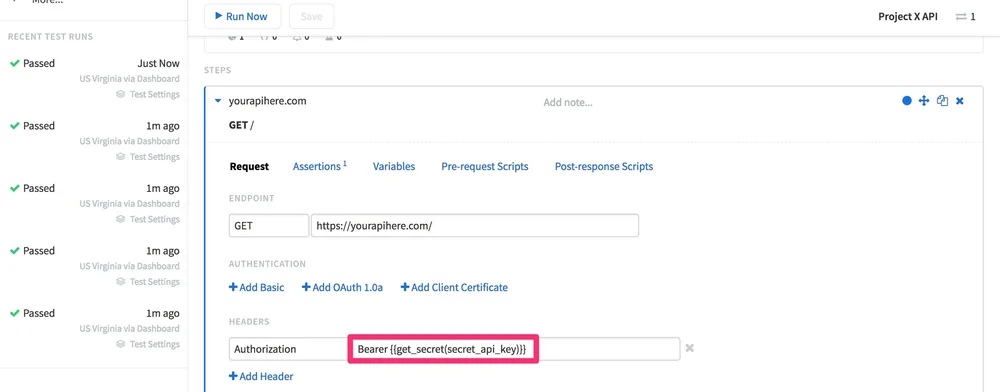 A screenshot of the Runscope test editor, with a step expanded, and highlighting the Headers section, with one header value added with name "Authorization", and the value using the get_secret function of "Bearer {{get_secret(secret_api_key)}}".