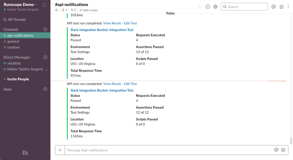 A screenshot of a Slack channel named “api-notifications”, showing a couple of automated notifications messages sent from Runscope, showing the results of a completed API test run.