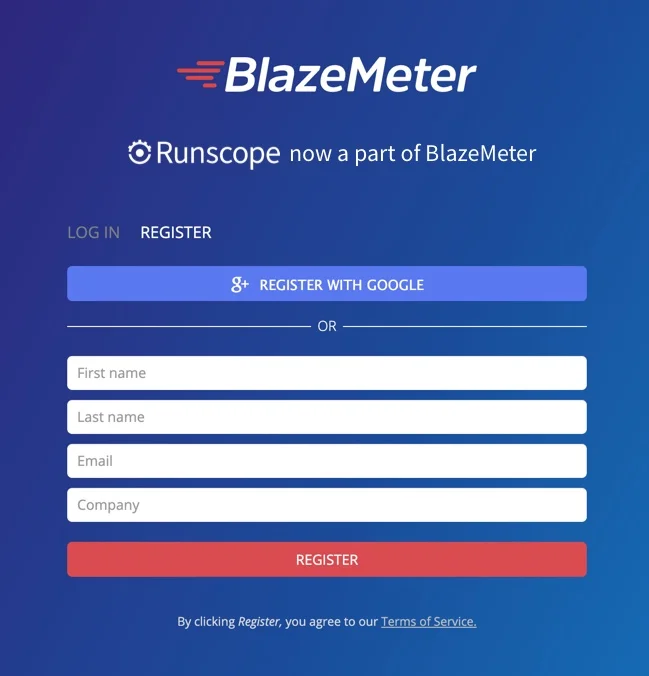 The BlazeMeter login page, with the BlazeMeter logo on top, and below it the Runscope logo with the text “now a part of BlazeMeter” next to it.