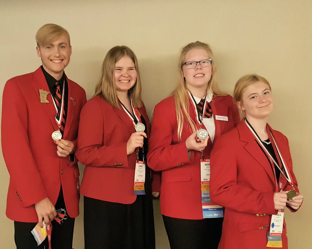From left: Wadena-Deer Creek FCCLA members Elliot Doyle, Casey Bounds, Morgan Grangruth and Angela LeComte display their STAR events medals they earned at the national conference in Anaheim, Calif. Photo by Cindi Koll, FCCLA co-advisor.