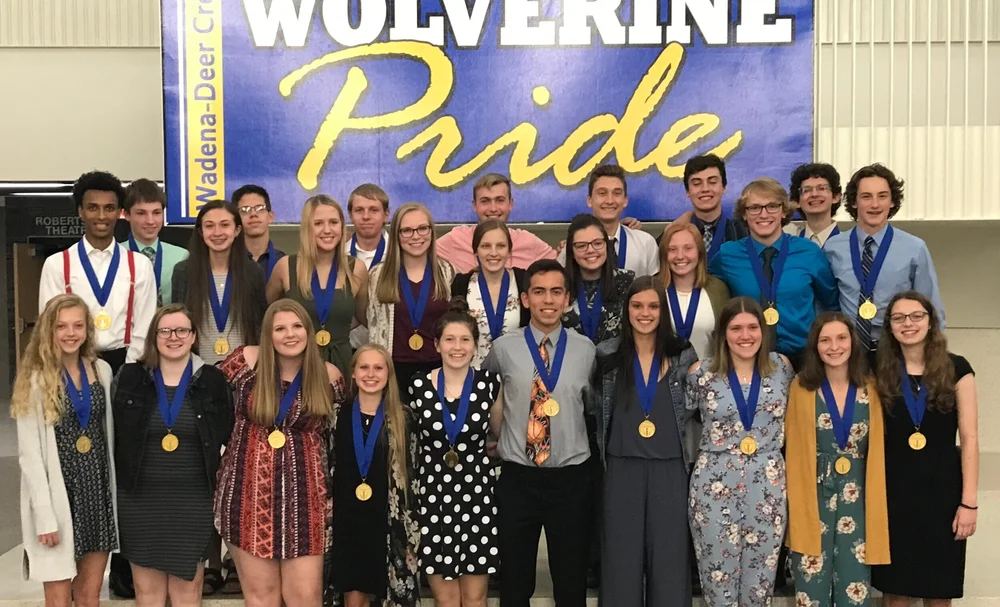 Wadena-Deer Creek’s NHS chapter is 27 members strong! Pictured, front, from left: Emma Bushinger, Jasmyn Wood, Kamea Shreves, Emma Mehl, Mari Grendahl, Lucas Hinojos, Kennedy Gravelle, Laura Krause, Mackenzie Carsten, and Sara Goetze; middle, from left: Bereket Loer, Kira Sweeney, Maggie Carlson, Paige Barthel, Hailey Wiederich, Lexi Pierce, Courtny Warren, Lleyten Pettit and Kade Woods; back, from left: Cole Pearson, Sean Carlson, Zachary Meeks, Elliot Doyle, Aiden Larson, Tony Kreklau, and Michael Schmidt. Not pictured: Nevada Schulz.