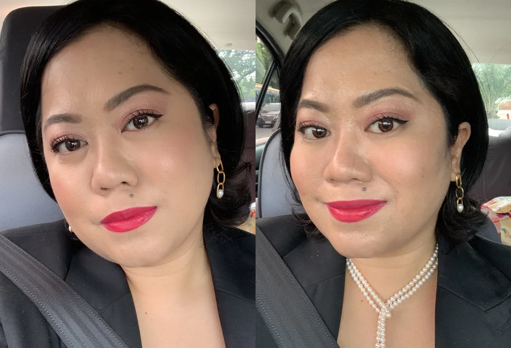 Shiseido Synchro Skin Radiant Lifting Foundation freshly applied on the left / the foundation 9 hours after wearing a mask