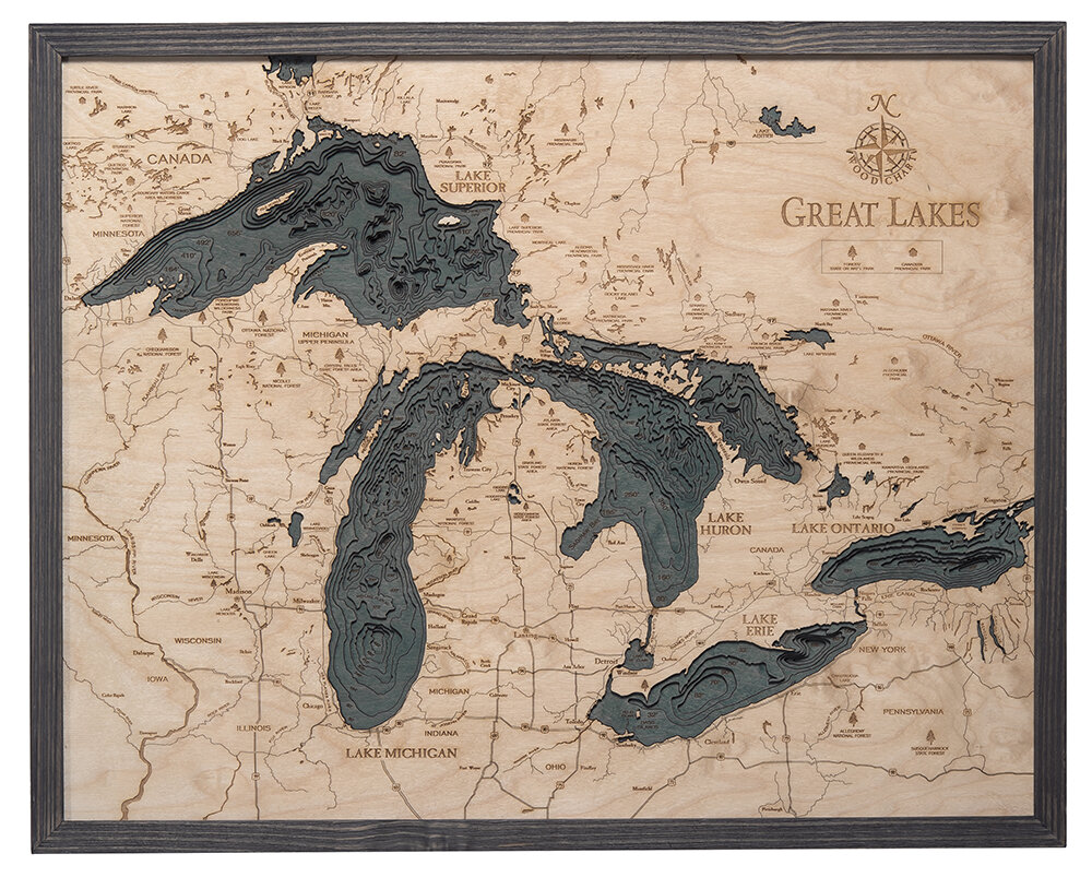 Grey Frame Great Lakes Large 3d Wood Map 3d Wood Maps Bella Maps