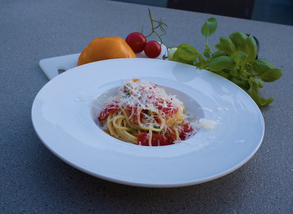 Spaghetti with no-cook tomato sauce.
