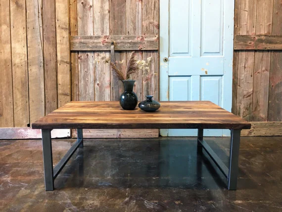 Reclaimed Wood Coffee Table Industrial H Shaped Steel Legs Reclaimed Wood Coffee Table