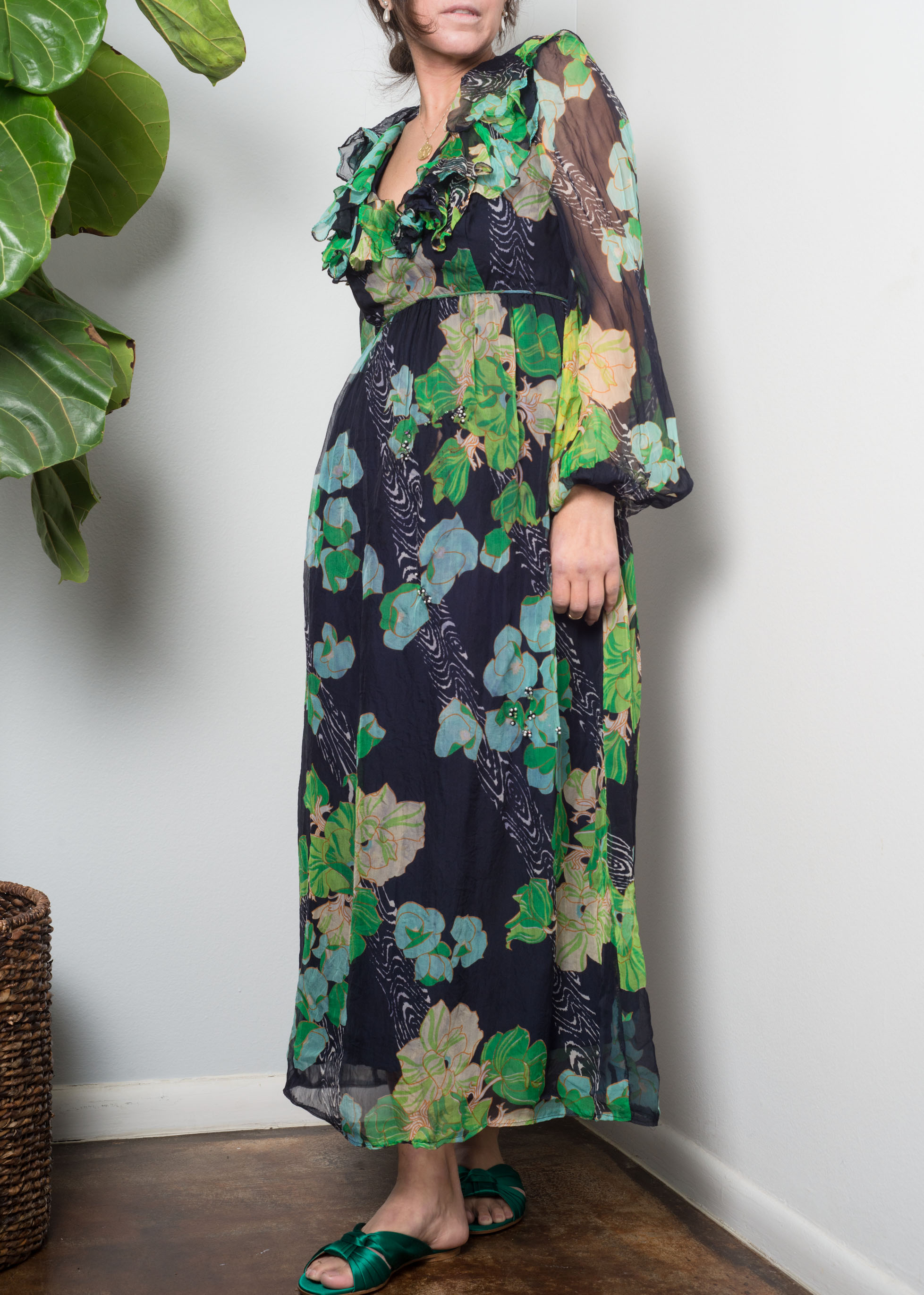 1970s Geoffrey Beene Watercolor Floral Chiffon Dress Xs A