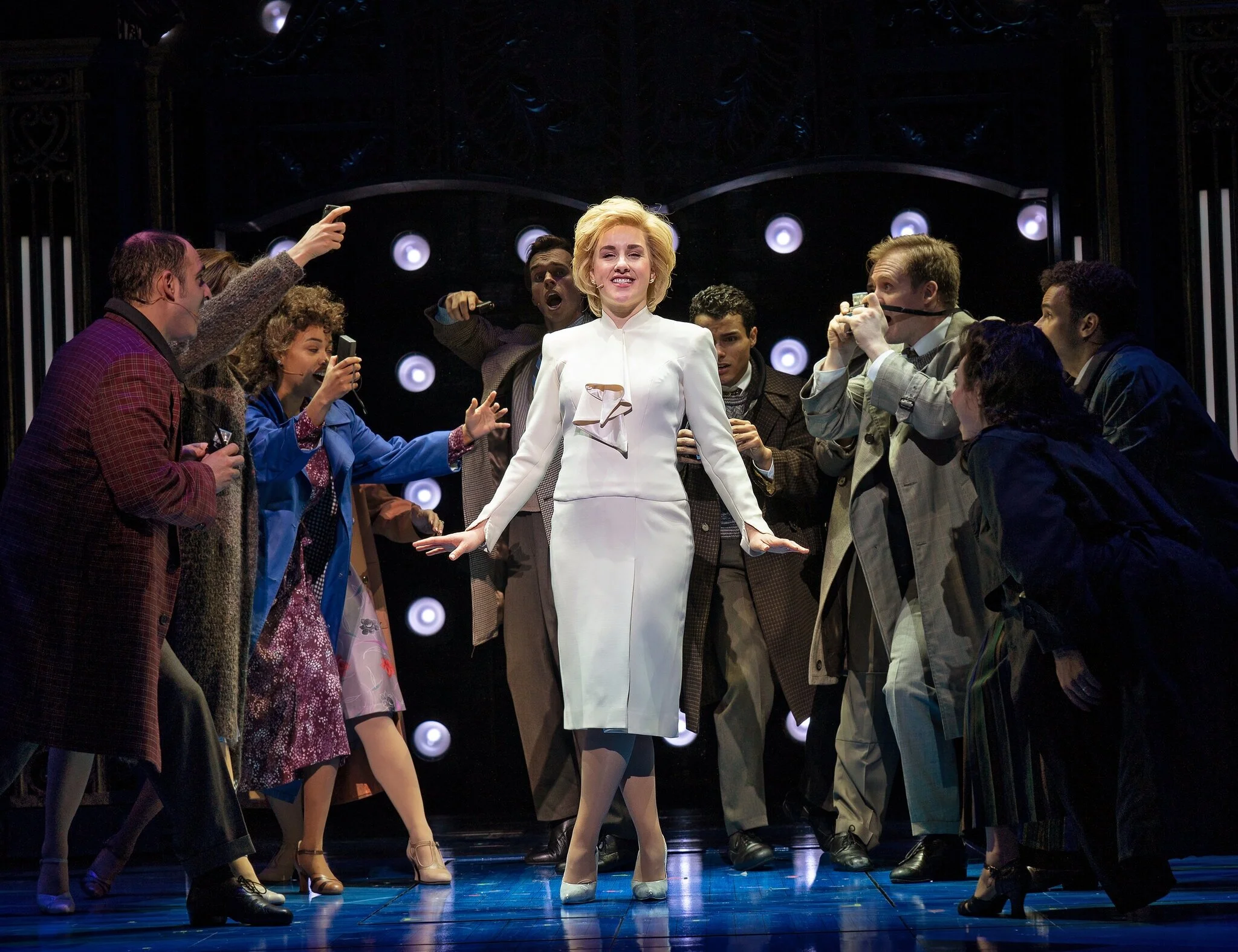 Jeanna de Waal, center, as the title princess in “Diana,” which ran for nine preview performances before the pandemic shut Broadway.Credit...Sara Krulwich/The New York Times