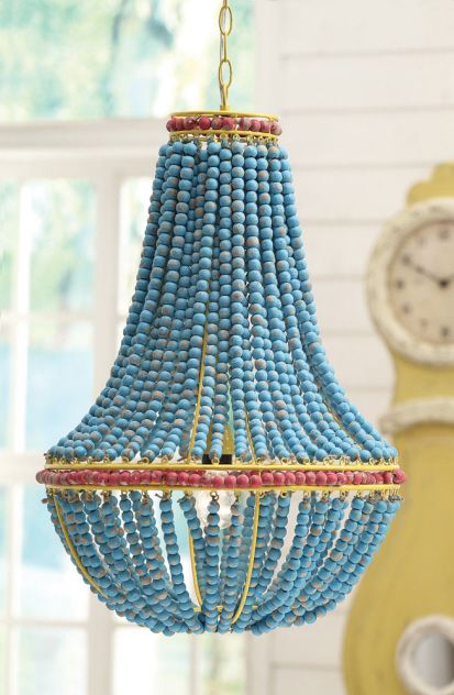 wood-blue wood beaded chandelier