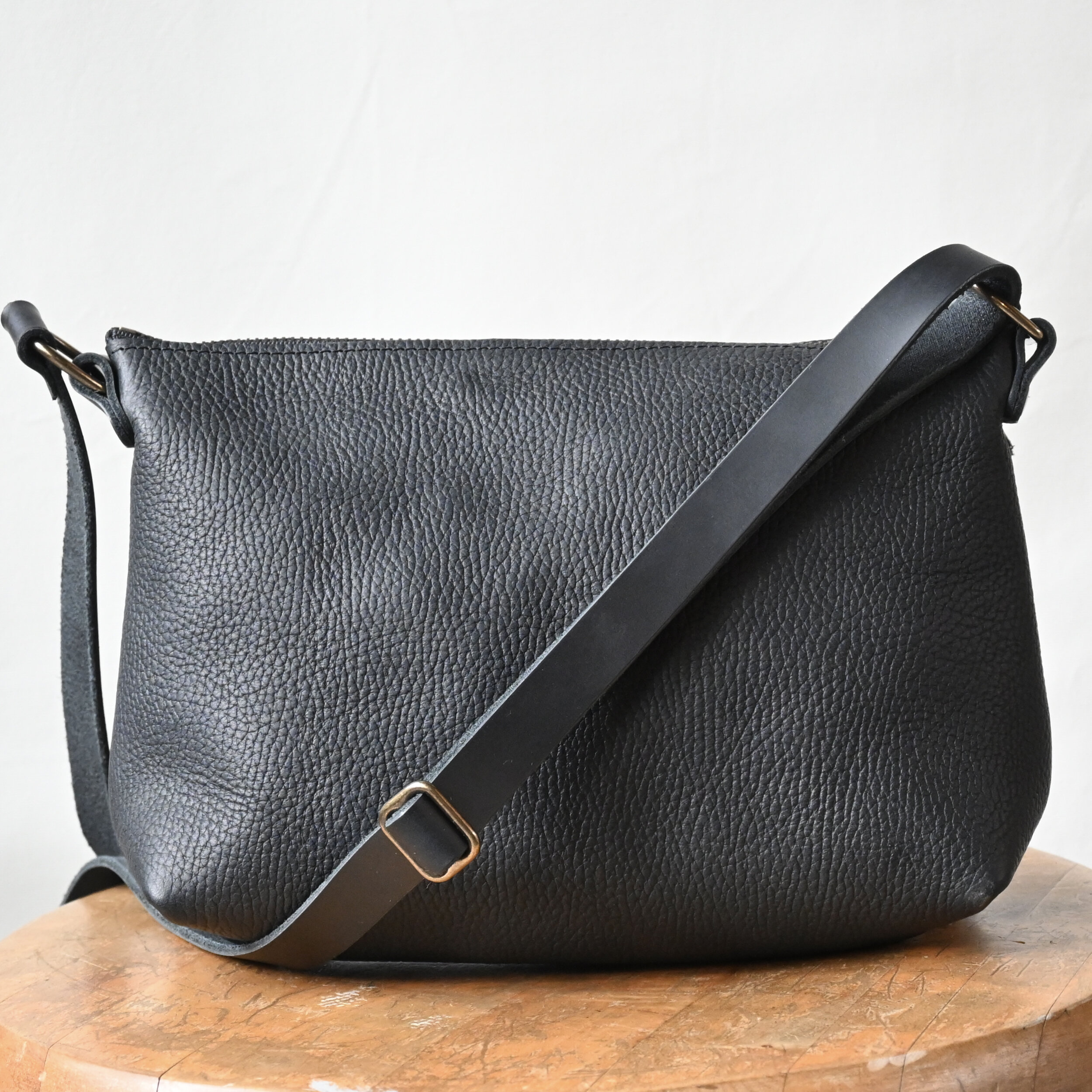 Curved Mini-Zip Bag | Made in USA | Eco Friendly Handmade Leather Purse | Small Leather Bag | Crossbody Bag | Clutch with Wrist Strap