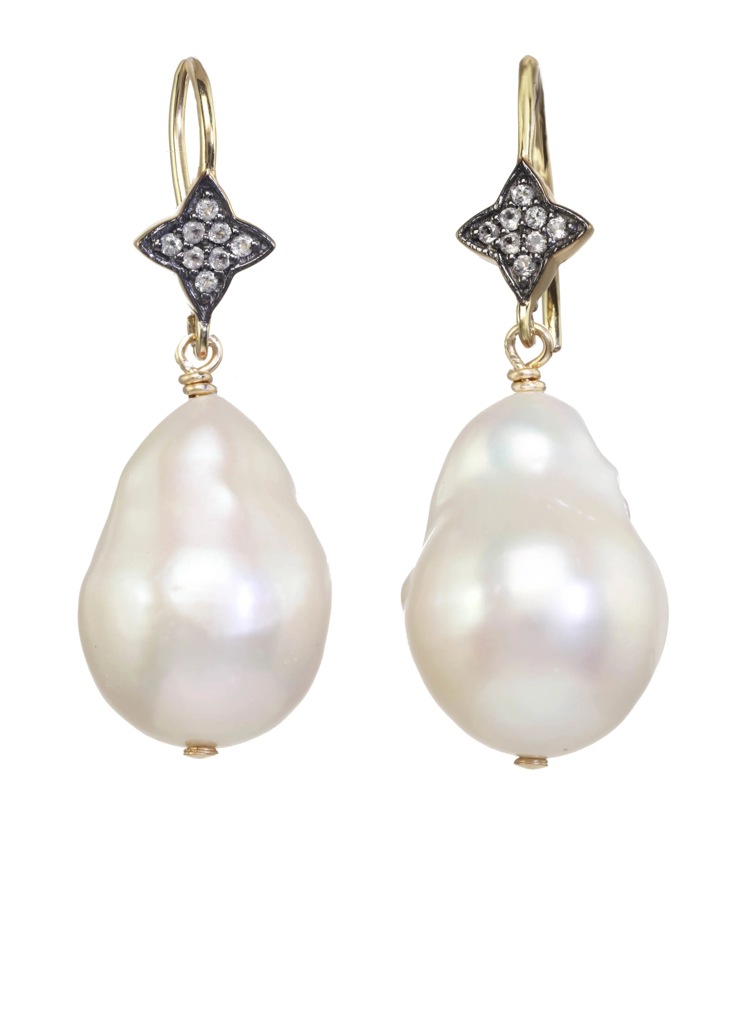 Baroque Pearl, White Sapphires, Sterling Silver Earrings — Margo