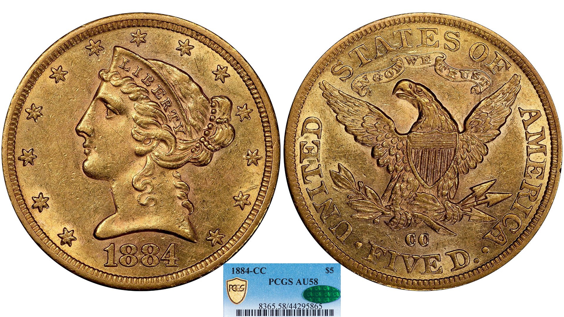 1884-CC Gold Half Eagle PCGS AU-58 CAC — Southgate Coins