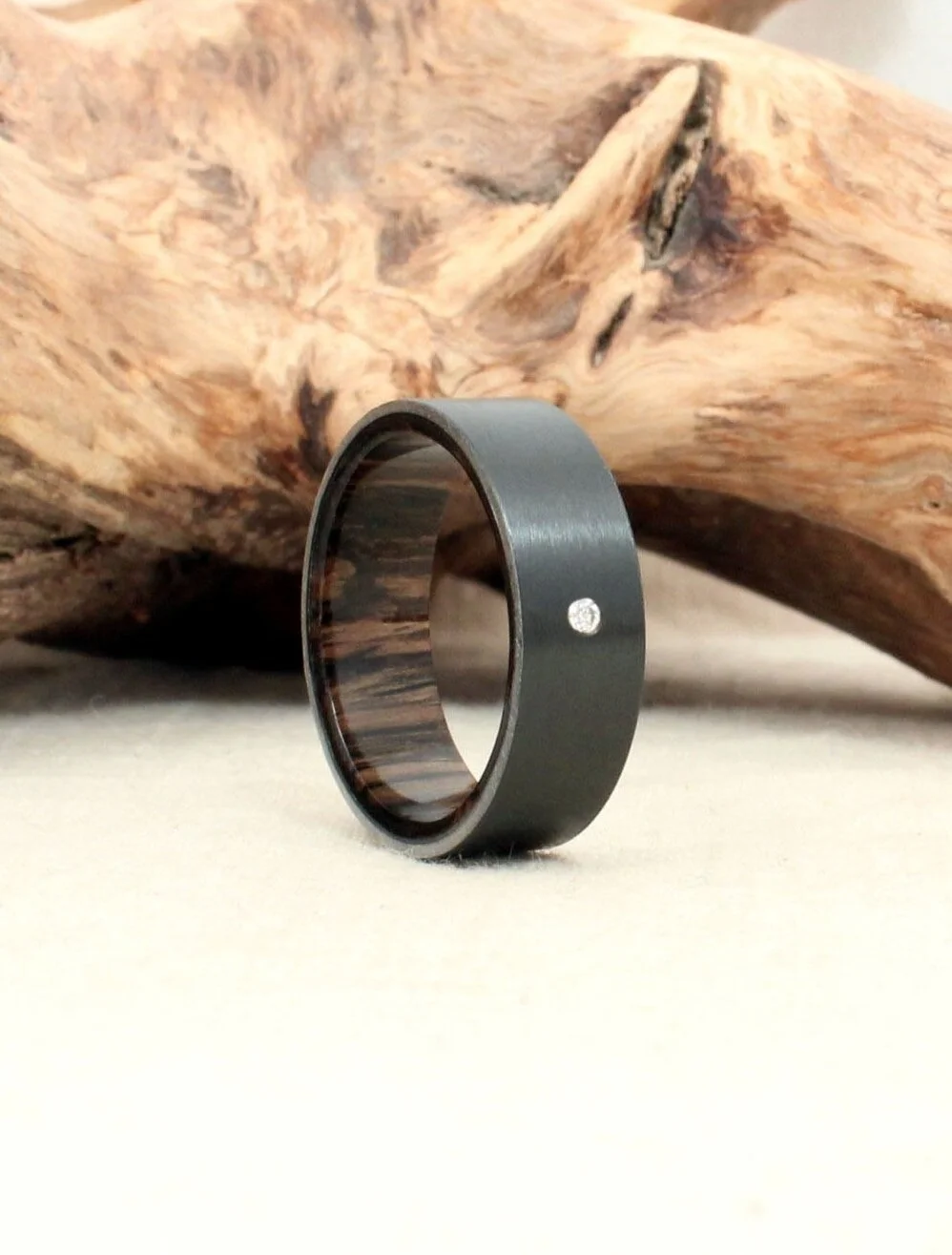 Raw Texture Heat Treated Zirconium Highly Figured Olivewood Zirconium and Olivewood ring Black Ring Black Wedding Band Mens Ring