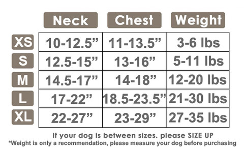 Gooby Dog Harness Size Chart