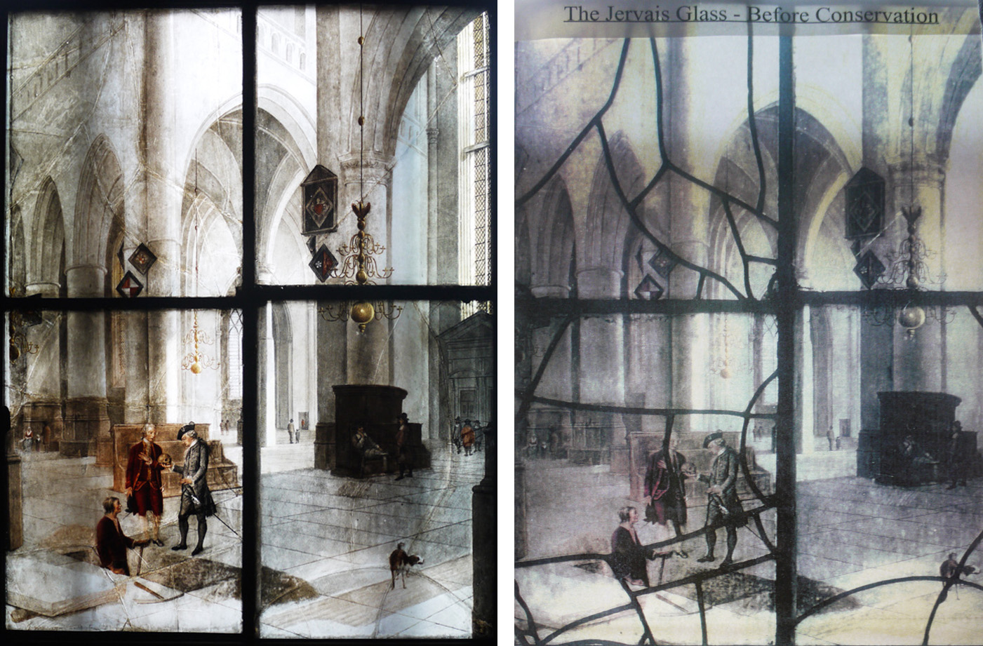杰维玻璃杯(Jervais Glass),显示在楼上窗户的Baddesley Clinton和&养护前&由Chapel Studio提供。 (其中一个显示器称它为"conservation", the other "restoration"因此我在这里使用了两个术语)。
