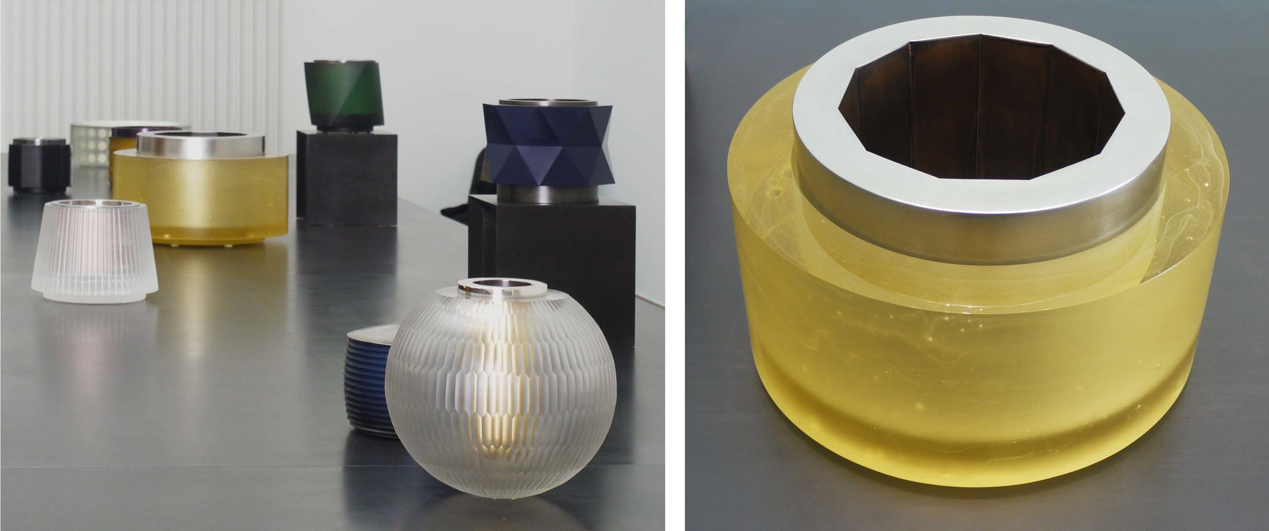 左:安娜·狄金森展览的四分之一"Harmony in Glass"直到11月1日。 右:使用Hendecagon钢衬板铸造的黄色船只2010 
