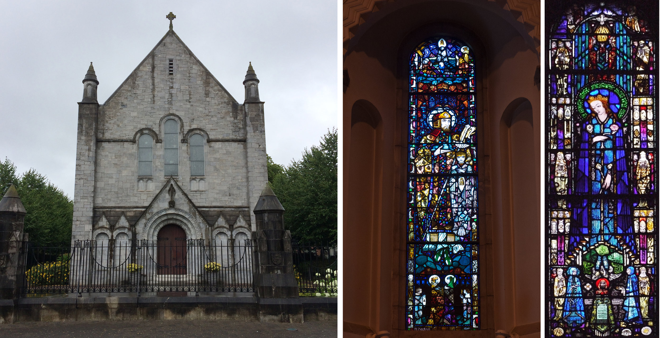 韦克斯福德(Wexford)细节-左:麦当娜和孩子的脸,右:哈里·克拉克(Harry Clarke)的签名和大海里的鱼&爱尔兰圣巴拉汉教堂,Castletownsend,1918年-圣母玛利亚和孩子的诞生窗口和细节 St Declan 1916,&圣母升天教堂,1919年,韦克斯福德-圣艾丹华丽斗篷的整个窗户和细节。