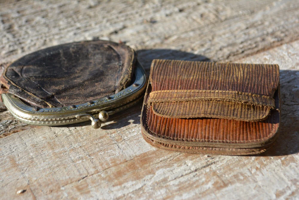 Two Small Leather Vintage French Coins Purses with Old Catholic Scapular —  French Antiques Vintage French Decor French Linens Cafe au Lait Bowls and