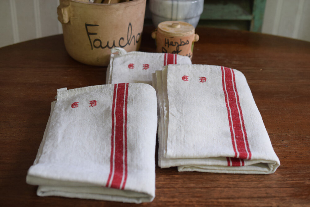 French Antique Linen Tea Towel Monogramed CD, 19th Century French