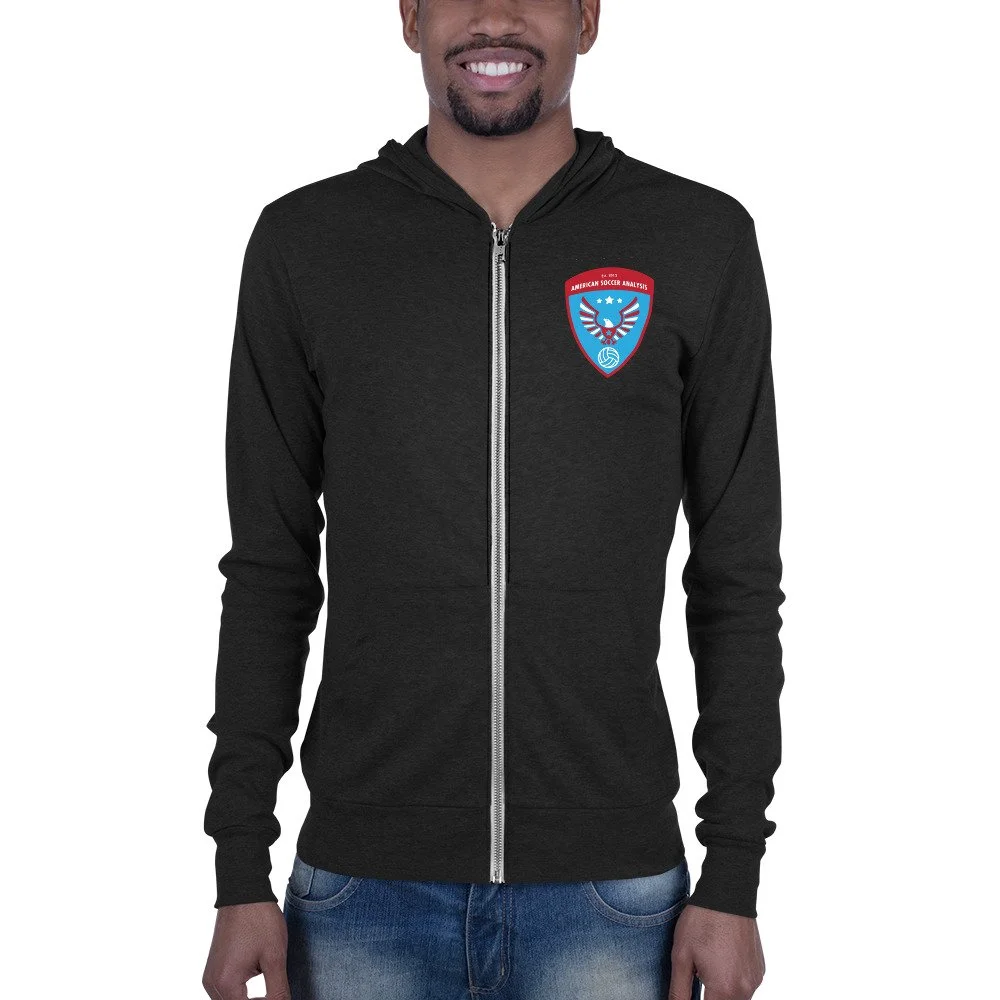 Unisex zip hoodie - red and blue ASA logo — American Soccer Unisex zip hoodie - red and blue ASA logo — American Soccer