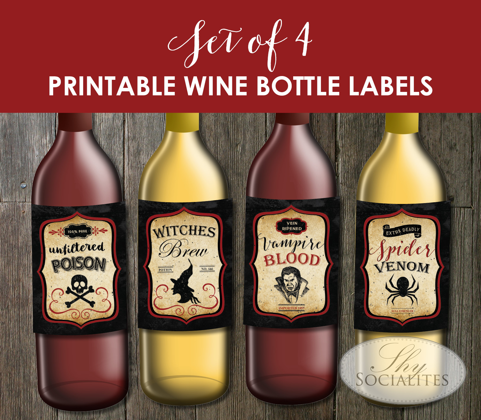Mounted of 4 Printable Traditional Halloween Wine Bottle Labels Shy Socialites image about Printable Wine Bottle Labels identified as Fastened of 4 Printable Basic Halloween Wine Bottle Labels Shy Socialites