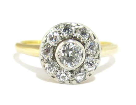 14k黄色gold and platinum ring with 0.98 carats of old European cut&G-I颜色和VS / SI1净度的钻石。