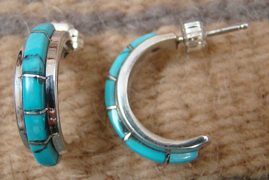 Native American Navajo Sterling Silver Turquoise Large Wide Half Hoop Earrings 