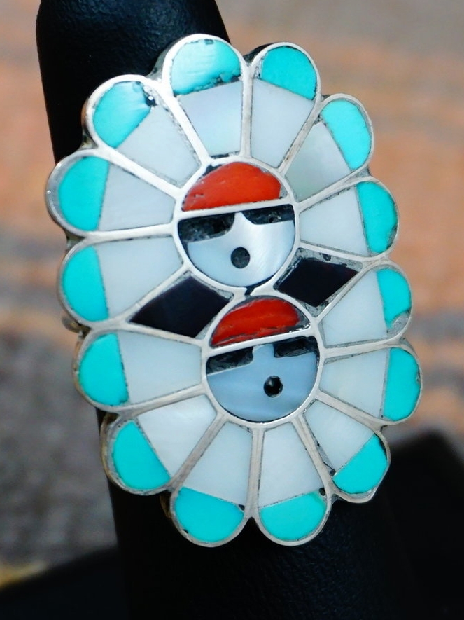 Double Kachina Face Vintage Native American Zuni Turquoise Sterling Silver Inlay Ring Double Kachina Face Vintage Native American Zuni Turquoise Sterling Silver Inlay Ring