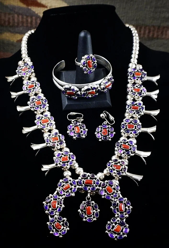 Amethyst & Turquoise Vintage Native American Navajo Sterling Silver Squash Blossom Necklace Amethyst & Turquoise Vintage Native American Navajo Sterling Silver Squash Blossom Necklace