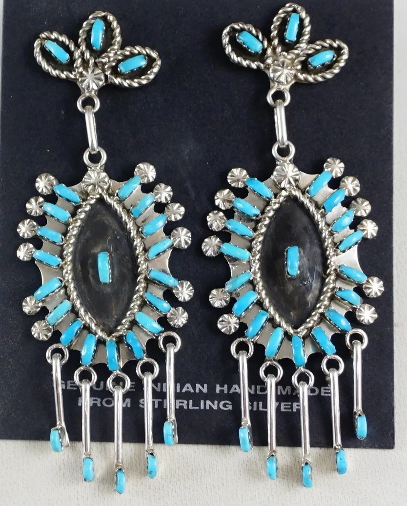 Huge Vintage Native American Zuni Needlepoint Coral Sterling Silver Chandelier Earrings Huge Vintage Native American Zuni Needlepoint Coral Sterling Silver Chandelier Earrings