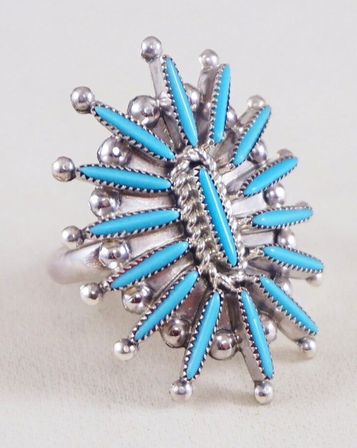 Item #920Z- Women's Zuni 15 Stone Turquoise Needlepoint Satellite Cluster Sterling Silver Rings by Cecilia Lasiloo ~ Various Sizes —Women's Native