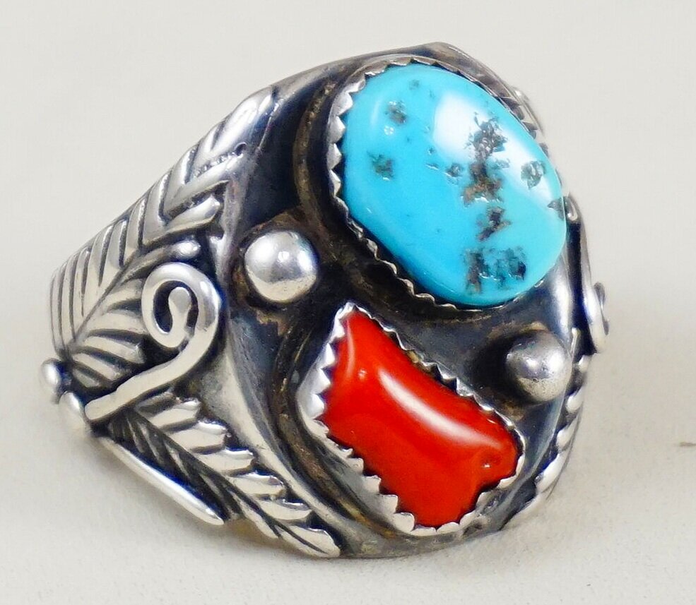 Item 933r Men S Vintage 50 S 60 S Navajo Turquoise Coral Sterling Silver Leaf Decorative Collector S Ring By Navajo Arts Crafts Guild Sz 12 Men S Coral And Turquoise Rings Eagle Rock Trading Post Native American Jewelry