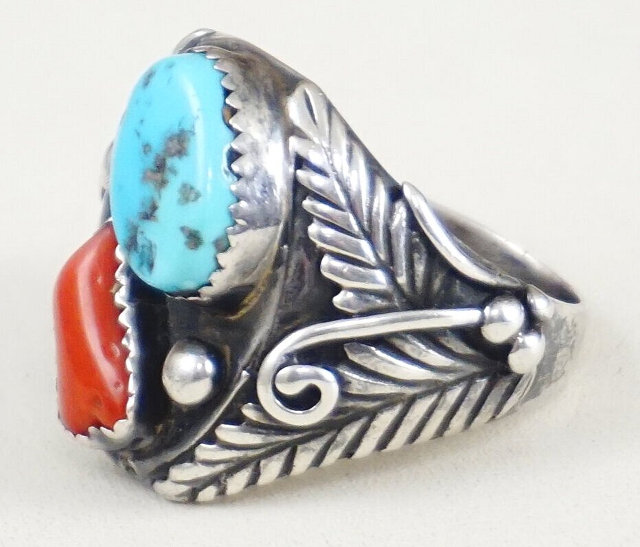 Vintage Sterling Silver Turquoise and Coral Men's Ring Size 12