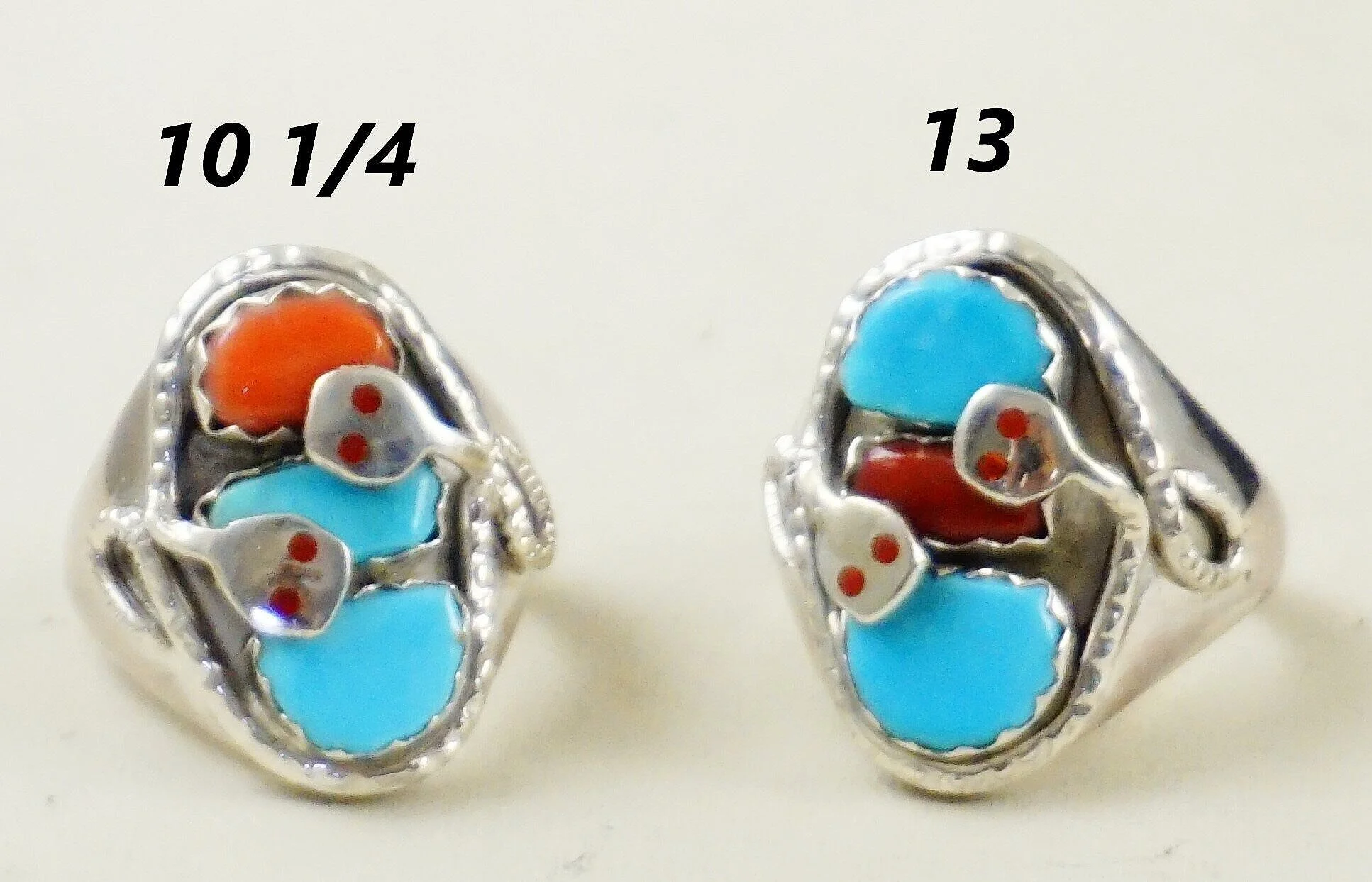 Item 944A Men s Zuni Turquoise Coral Sterling Silver Double Snakes Rings by Joy Calavaza Sz 10 1 4 13 Men s Native American Jewelry Men s Turquoise Coral Rings br