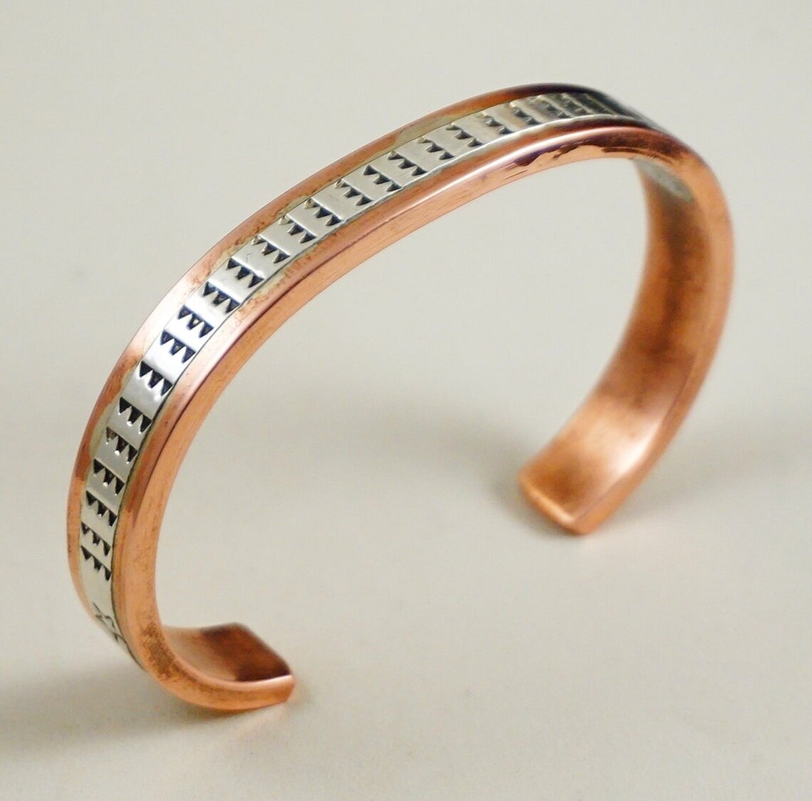 Item #945W- Navajo Stamped Sterling Silver Tracks Star Sunrise Copper Cuff  Bracelet by Wylie Secatero —Men's and Women's Brass & Copper Bracelets