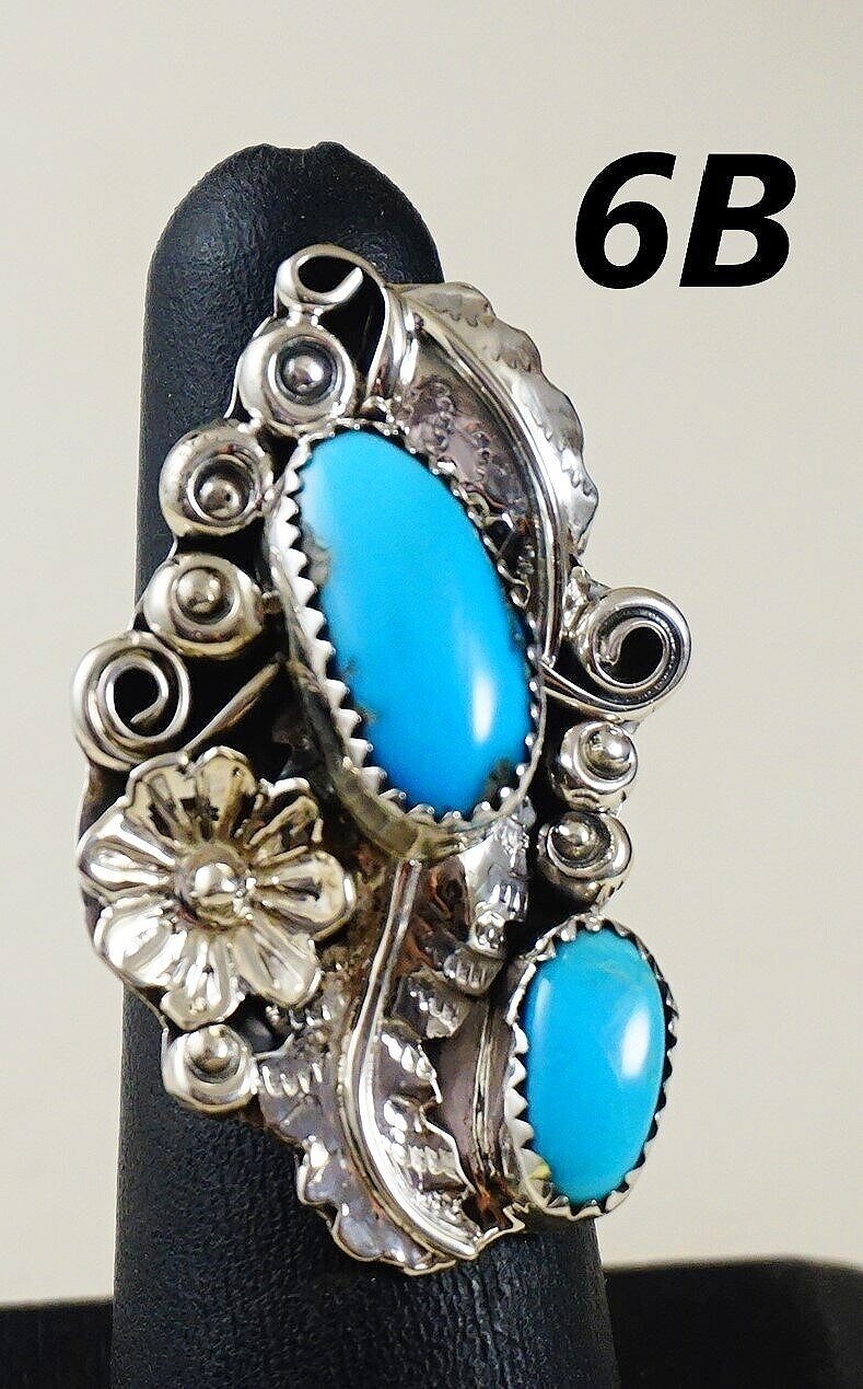 Native American Womens Navajo Turquoise & Leaf Sterling Ring Sz 9.5 Stunning Wow 