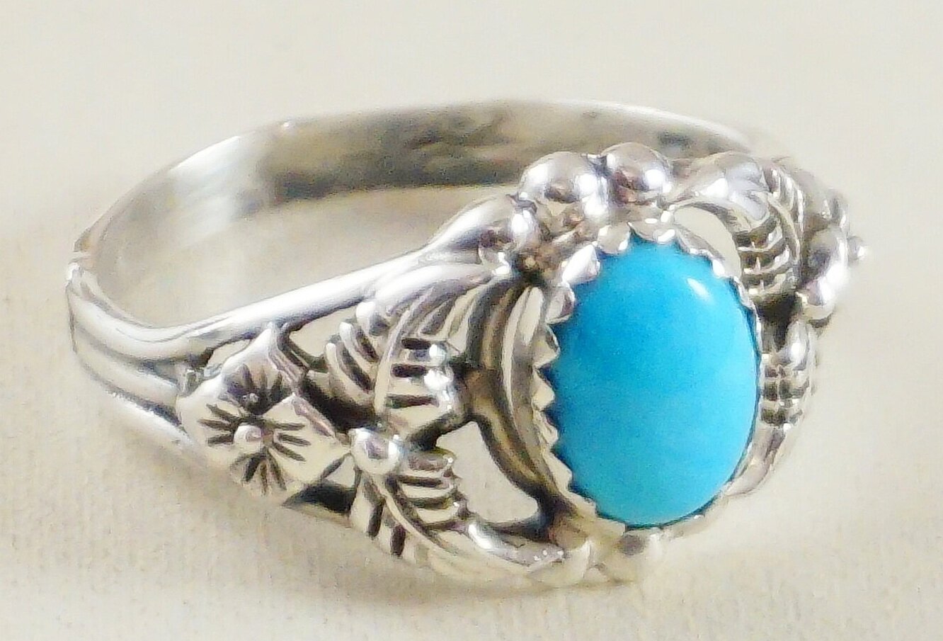 Native Ring Sterling Silver Blue Turquoise Flower Leaf Indian FREE SHIPPING 