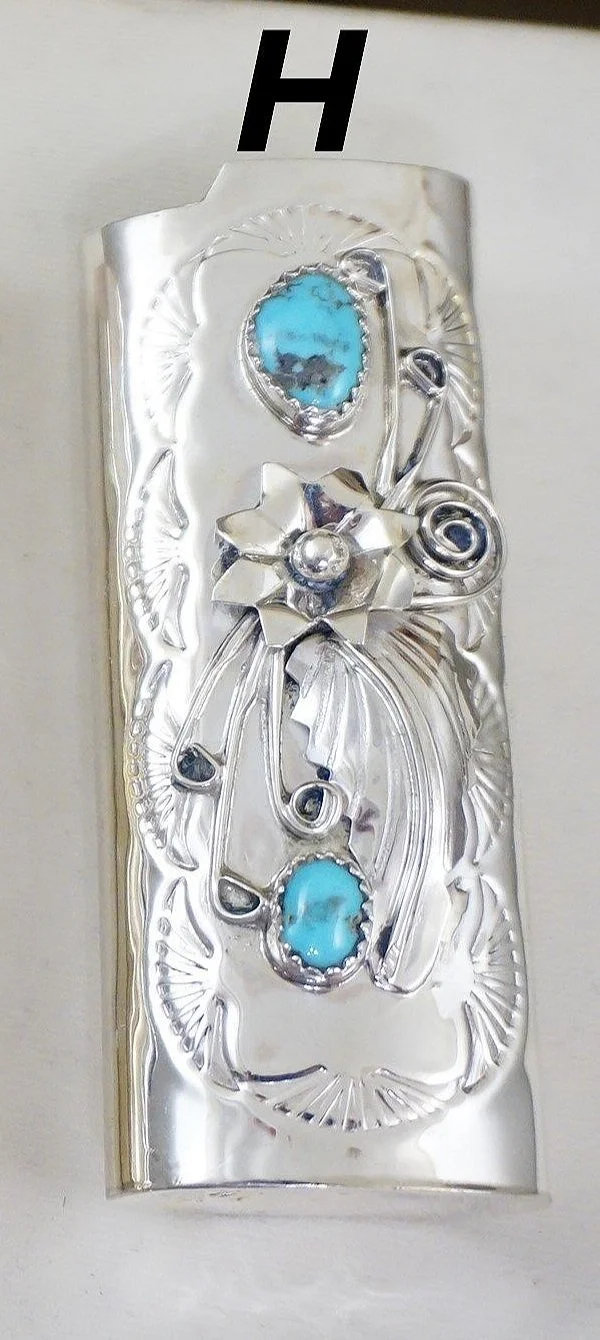 Item #985P- Navajo Double Turquoise Decorative Stamped Foliage Sterling Silver Lighter Cases by James Martin —*Lighter Cases- Native American Jewelry