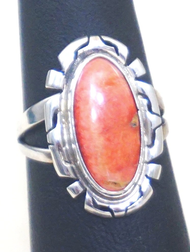 Native American Sterling Silver Square Orange Spiny Oyster Ring Size 5.0 