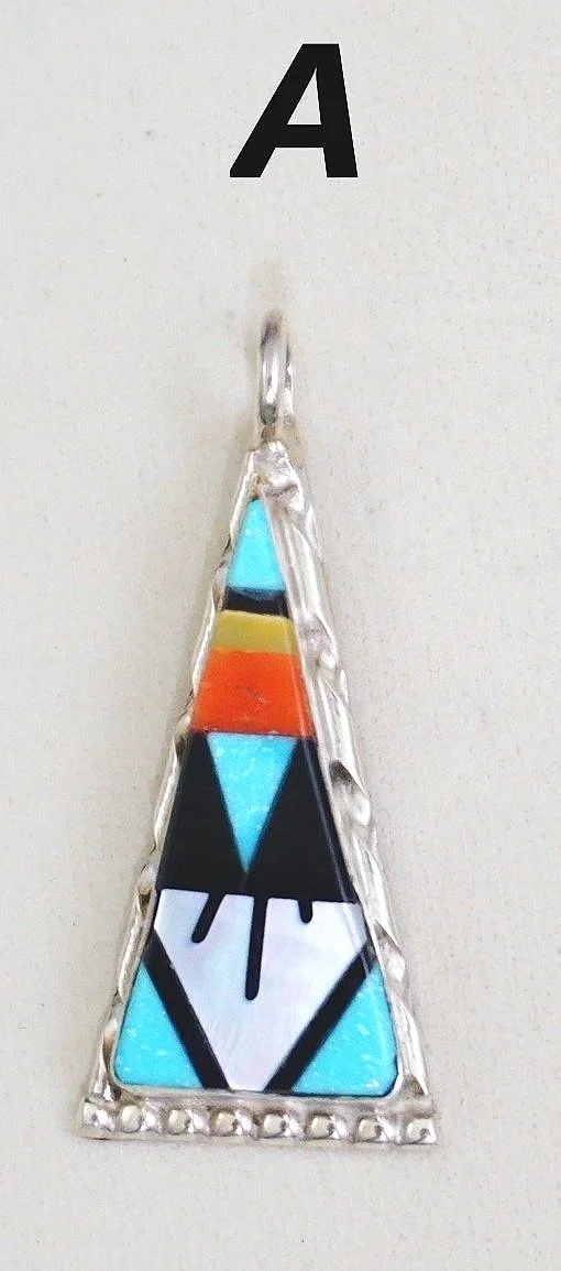 Item #1034X- Zuni Multi Stone Geometric Inlay Sterling Silver Triangle Pendants by Carol Niiha —Native American Jewelry - Multi Color Stone Pendants Item #1034X- Zuni Multi Stone Geometric Inlay Sterling Silver Triangle Pendants by Carol Niiha —Native American Jewelry - Multi Color Stone Pendants