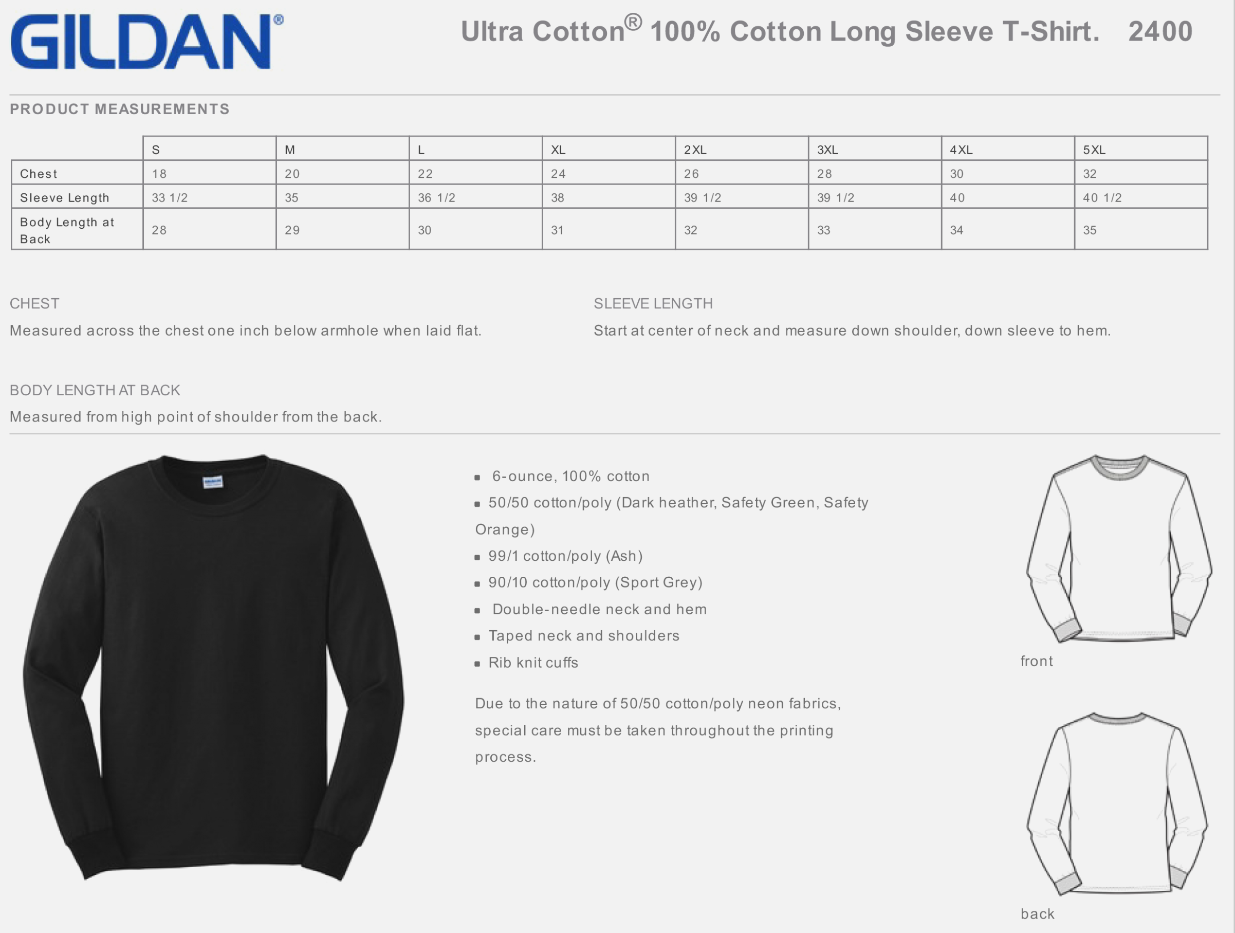 Gildan Long Sleeve Shirt Size Chart
